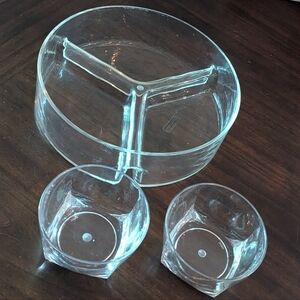 Clear Heavy Plastic Divided Serving Bowl with Two Matching Dipping Cups